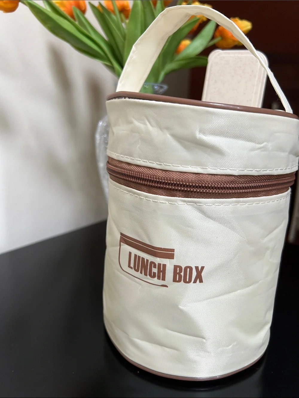 Cream Lunch Box Cooler Bag with Brown Trim